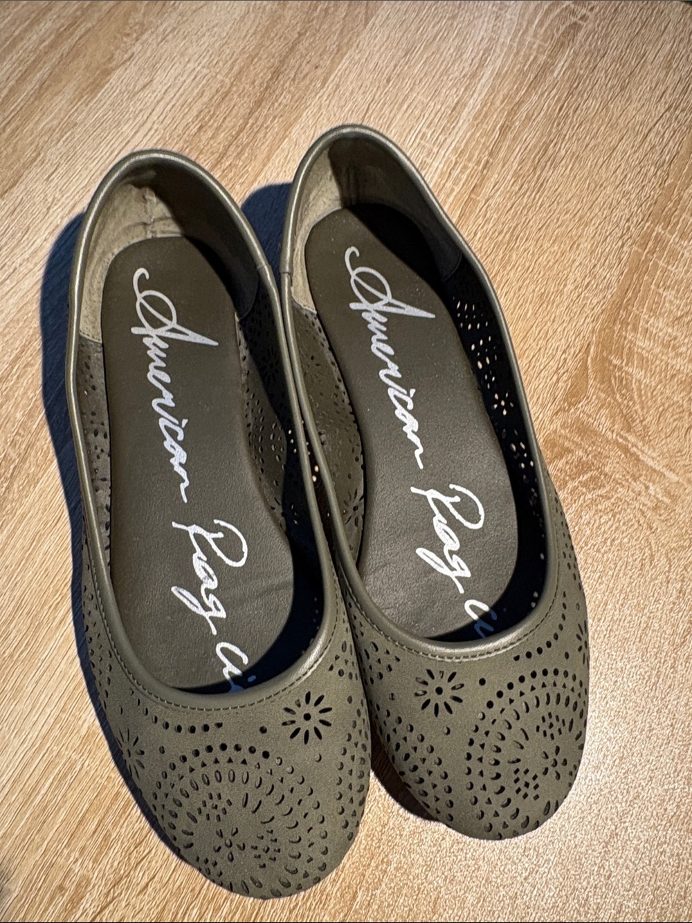 American Rag Olive Ballet Flats with Perforated Floral Design